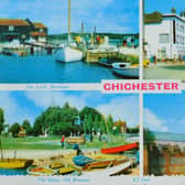 The Chichester postcard shows the lock at Birdham, the quay at Old Bosham, Chichester Cathedral and the Cross from West Street