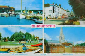 The Chichester postcard shows the lock at Birdham, the quay at Old Bosham, Chichester Cathedral and the Cross from West Street