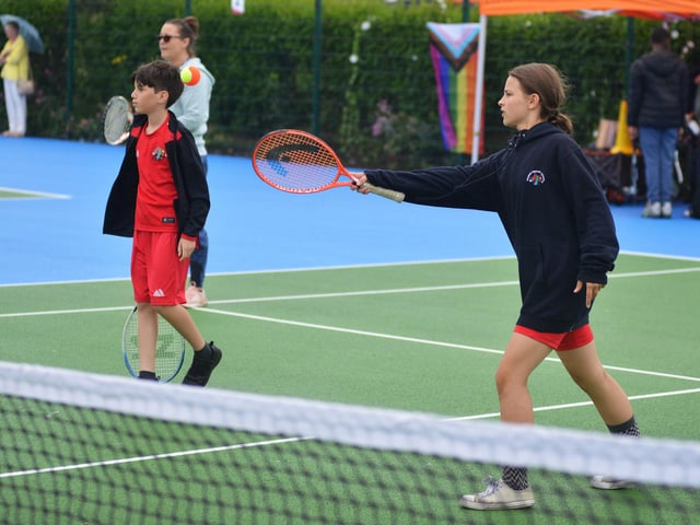 Culture Secretary Lucy Frazer marks the refurbishment of 1,000 public tennis courts. Photocall on June 29 at the tennis courts on Royal Parade, Eastbourne, with children from Bourne Primary School and Scott Lloyd, CEO Lawn Tennis Association.