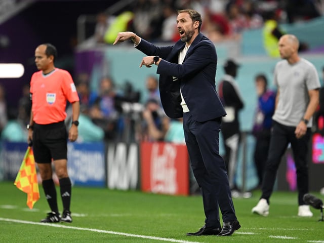 AL KHOR, QATAR - NOVEMBER 25: Gareth Southgate, Head Coach of England, reacts during the FIFA World Cup Qatar 2022 Group B match between England and USA at Al Bayt Stadium on November 25, 2022 in Al Khor, Qatar. (Photo by Clive Mason/Getty Images)