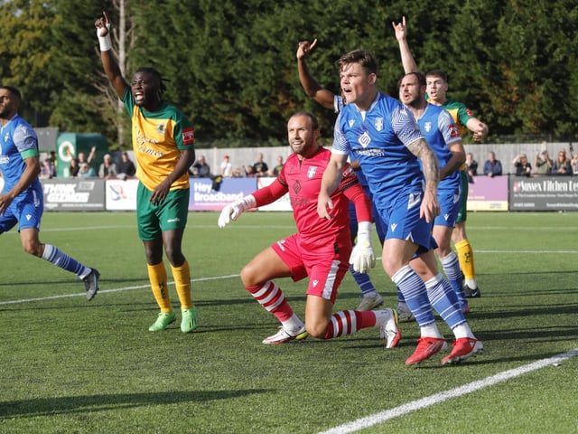 Action from Horsham's 2-0 home defeat to Bishop's Stortford in the Isthmian Premier on Saturday