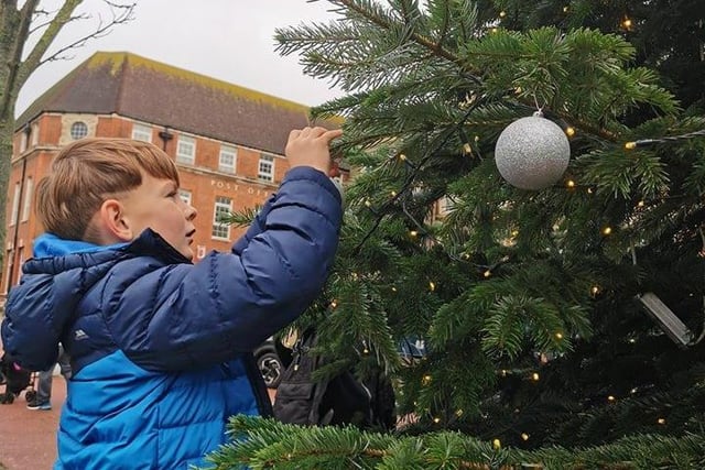 Bexhill's Young Pollinators decorating the replacement Christmas tree in Devonshire Square, Bexhill.