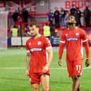 Pemi Aderoju and Dylan Morgan frustrated following Crawley Town's 3-2 defeat to Shrewsbury Town at the Broadfield Stadium on Tuesday, October 20. Photo: Thomas Forbes
