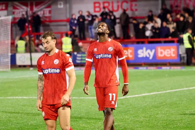 Pemi Aderoju and Dylan Morgan frustrated following Crawley Town's 3-2 defeat to Shrewsbury Town at the Broadfield Stadium on Tuesday, October 20. Photo: Thomas Forbes
