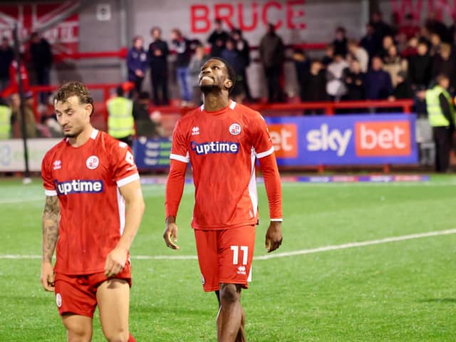 Pemi Aderoju and Dylan Morgan frustrated following Crawley Town's 3-2 defeat to Shrewsbury Town at the Broadfield Stadium on Tuesday, October 20. Photo: Thomas Forbes