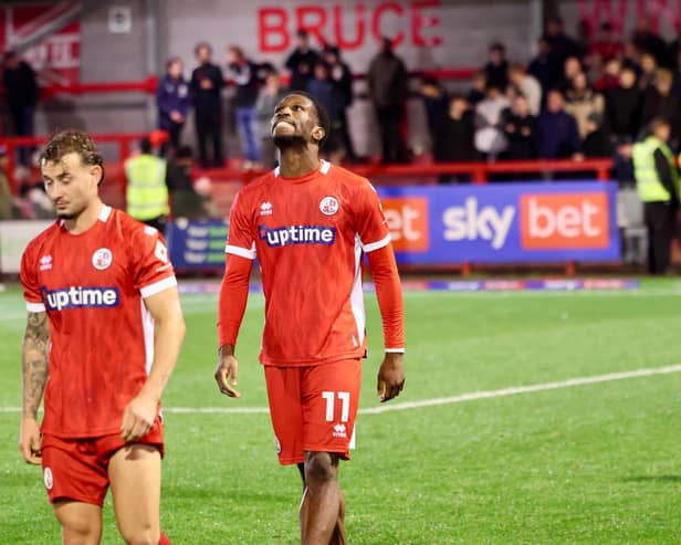 Pemi Aderoju and Dylan Morgan frustrated following Crawley Town's 3-2 defeat to Shrewsbury Town at the Broadfield Stadium on Tuesday, October 20. Photo: Thomas Forbes
