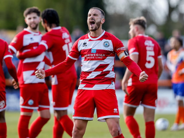 Action from Eastbourne Borough's final-day 3-2 win at Braintree - the Sports have stayed up with six points to spare