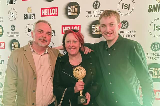 Nicci Parish, founder and director of Billy and Beyond CIC, with her husband Steve Parish and son Henry Parish at the Smiley Charity Film Awards
