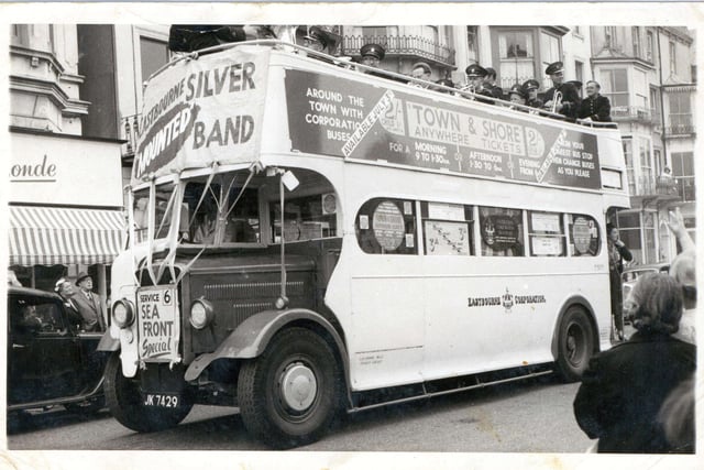 Eastbourne Silver Band performing on an open-top bus, suspected to be the early 1960s