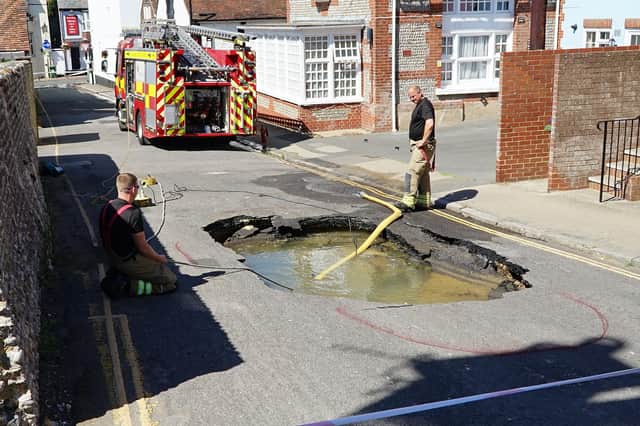 A spokesperson for East Sussex Fire and Rescue Service said: “At 12.15 today we sent firefighters from Newhaven to Crouch Lane in Seaford, where a suspected sinkhole has appeared in the road. Please avoid the area.” Photo by Dan Jessup.