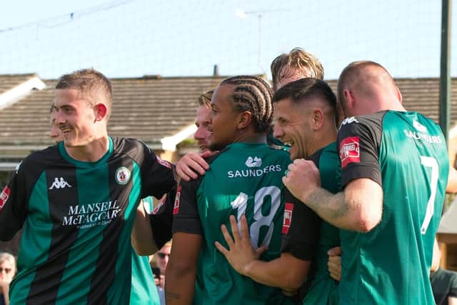 Burgess Hill celebrate one of the goals that saw off Bognor in the last round | Picture: Chris Neal