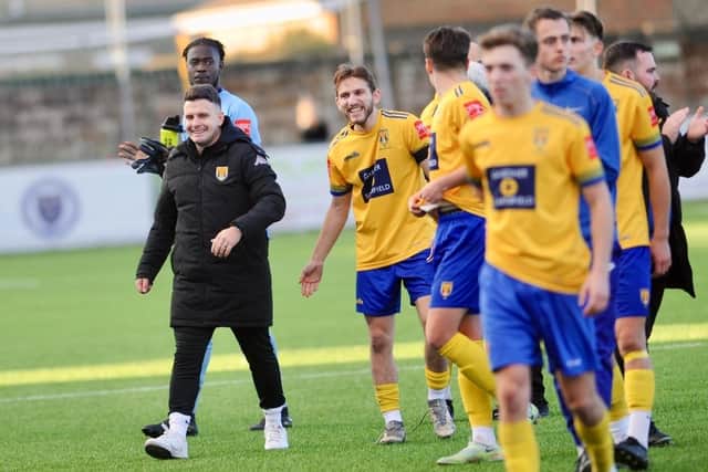 Dean Cox and his Lancing players celebrate their win over Littlehampton | Picture: Stephen Goodger