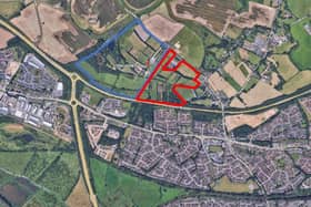 The development site, outlined in red, and Sharnfold Farm, outlined in blue. Photo: KLW Planning Development Consultants