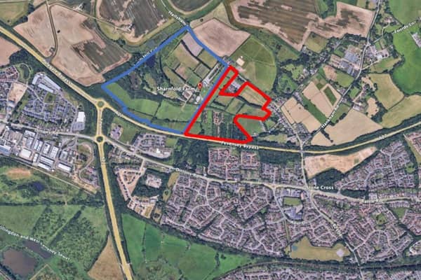 The development site, outlined in red, and Sharnfold Farm, outlined in blue. Photo: KLW Planning Development Consultants