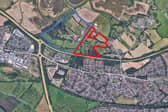 The development site, outlined in red, and Sharnfold Farm, outlined in blue. Photo: KLW Planning Development Consultants