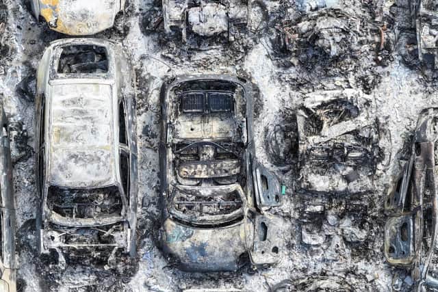 Photos taken on Monday show the aftermath of the major fire, in Rowfant, with multiple cars burned out. Photo: Eddie Mitchell