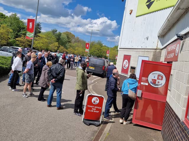 Crawley Town season ticket holders and CTSA members queue for tickets on Tuesday | Picture: Mark Dunford