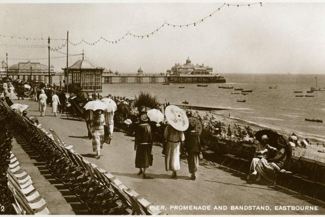 The pier, promenade and bandstand at Eastbourne in the 1920's.