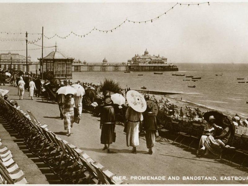 The pier, promenade and bandstand at Eastbourne in the 1920's.