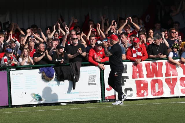 Adam Hinshelwood and Worthing's fans exchange plaudits at the end of the play-off defeat | Picture: Mike Gunn
