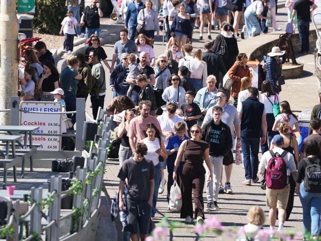 Brighton beach is busy today (April 7, 2026) on what is the hottest day of the year so far