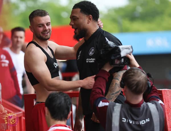 Colin Kazim-Richards with Charlie Barker after the final whistle | Picture: Natalie Mayhew/Butterfly Football