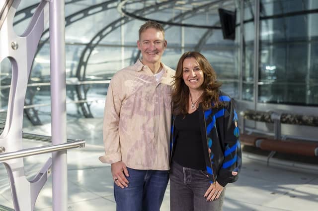 Former Dragons Den businesswoman Sarah Willingham and husband Michael Toxvaerd celebrate the re-launch of the Brighton i360 in Brighton, East Sussex on Saturday 8th of March 2025. The 450ft iconic towers offers amazing views across the Sussex coast and landmarks such as the Brighton Palace Pier.