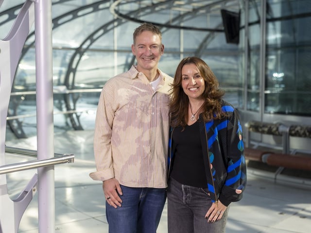 Former Dragons Den businesswoman Sarah Willingham and husband Michael Toxvaerd celebrate the re-launch of the Brighton i360 in Brighton, East Sussex on Saturday 8th of March 2025. The 450ft iconic towers offers amazing views across the Sussex coast and landmarks such as the Brighton Palace Pier.