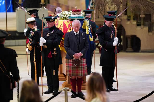 King Charles III, Prince Edward, Duke of Wessex, Princess Anne, Princes Royal and Prince Andrew, Duke of York hold a vigil at St Giles' Cathedral, in honour of Queen Elizabeth II. (Photo by Jane Barlow - WPA Pool/Getty Images)