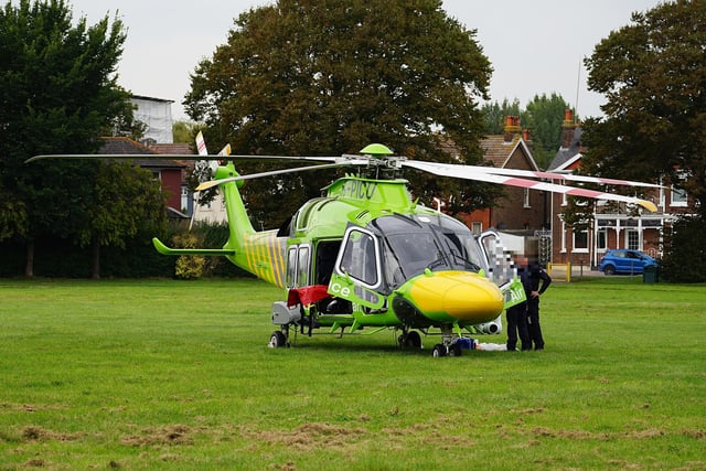 Air ambulance in Eastbourne recreation ground