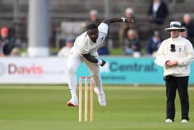 Jayden Seales of Sussex bowls during the Vitality County Championship match between Sussex and Northamptonshire at Hove (Photo by Alex Davidson/Getty Images)
