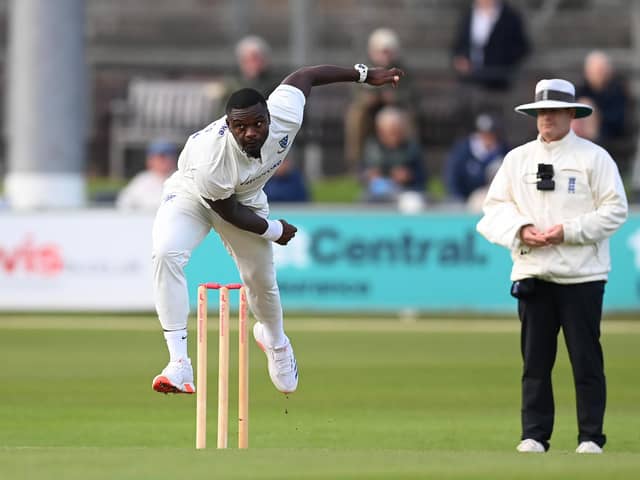 Jayden Seales of Sussex bowls during the Vitality County Championship match between Sussex and Northamptonshire at Hove (Photo by Alex Davidson/Getty Images)