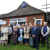 The Duchess of Norfolk, Georgina Fitzalan-Howard, with parish councillors and villagers at the unveiling of Ferring Village Clock to mark the Coronation of King Charles III