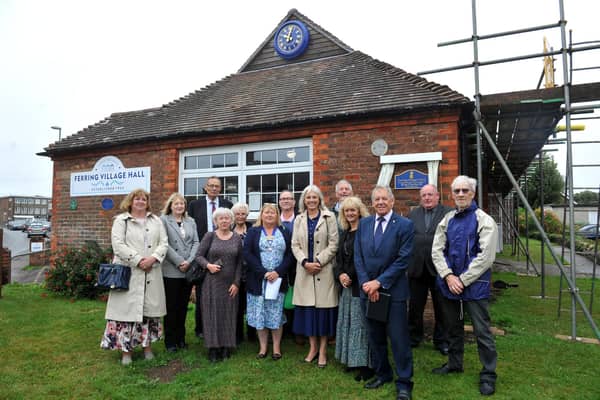 The Duchess of Norfolk, Georgina Fitzalan-Howard, with parish councillors and villagers at the unveiling of Ferring Village Clock to mark the Coronation of King Charles III