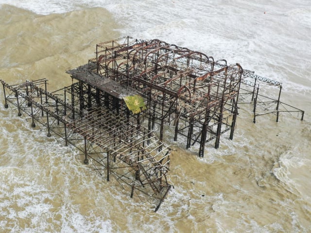 Brighton (pictured), Chichester, Worthing, Hastings, Eastbourne and Shoreham and other places across the county have all been affected by the heavy rain and winds brought by Storm Claudio.