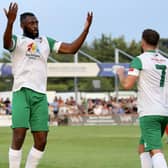 Nick Dembele celebrates a goal in last summer's Rocks v Pompey friendly - and Bognor hope the League One side will bring a strong squad to town this time | Picture: Martin Denyer