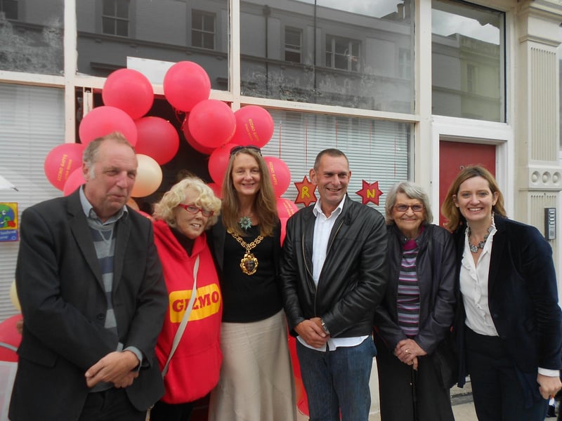 Cllr Trevor Webb, Pat Fisher from Gizmo, Mayor Kim Forward, Cllr Jeremy Birch and Mrs Pam Brown and Amber Rudd MP pictured in 2011 celebrating Gizmo's 8th birthday
