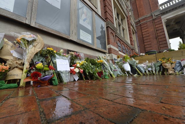Floral tributes at the Town Hall to the Queen (Photo by Jon Rigby)
