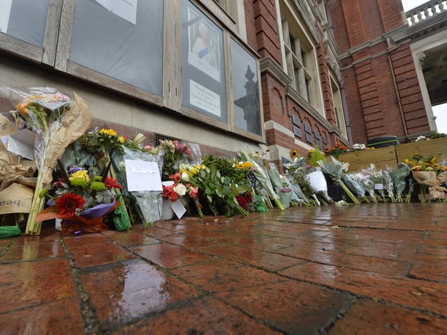 Floral tributes at the Town Hall to the Queen (Photo by Jon Rigby)