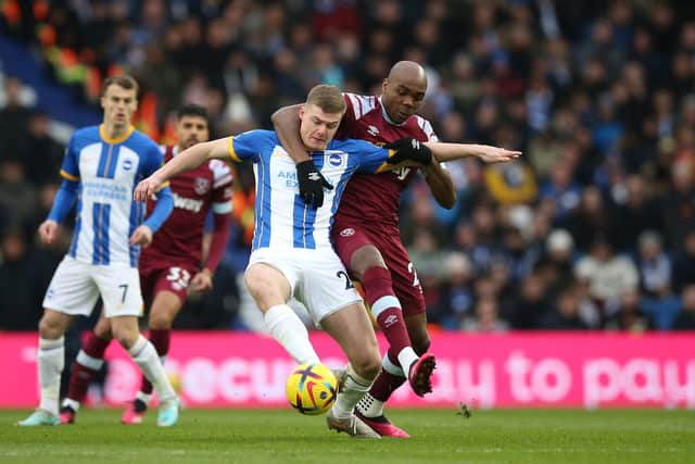 Evan Ferguson of Brighton & Hove Albion is put under pressure by Angelo Ogbonna of West Ham United during last season's Premier League meeting between the two sides at the Amex. Picture by Steve Bardens/Getty Images