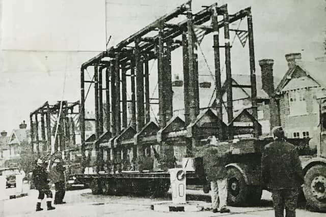 A mobile beam furnace, the first of its kind, crawling out of Littlehampton