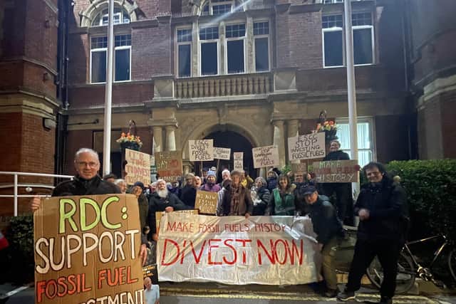 Campaigners outside Bexhill Town Hall prior to the vote on fossil fuel divestment, 20 February 2023 (PHOTO: Leon Panitzke)