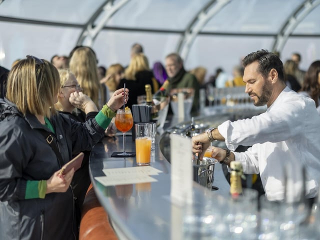 Former Dragons Den businesswoman Sarah Willingham and husband Michael Toxvaerd celebrate the re-launch of the Brighton i360 in Brighton, East Sussex on Saturday 8th of March 2025. The 450ft iconic towers offers amazing views across the Sussex coast and landmarks such as the Brighton Palace Pier.