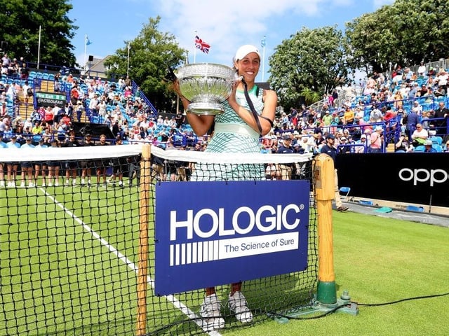 EASTBOURNE, ENGLAND - JULY 01: Madison Keys of the United States poses for a photo with the trophy after winning the women's singles final against Daria Kasatkina during Day Eight of the Rothesay International Eastbourne at Devonshire Park on July 01, 2023 in Eastbourne, England. (Photo by Tom Dulat/Getty Images for LTA):Action from Saturday's finals at the Rothesay tennis international at Devonshire Park, Eastbourne