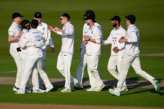 Jack Carson of Sussex (centre, sunglasses) celebrates with team mates after dismissing Finlay Bean of Yorkshire during the LV= Insurance County Championship Division 2 match between Sussex and Yorkshire at The 1st Central County Ground (Photo by Mike Hewitt/Getty Images)