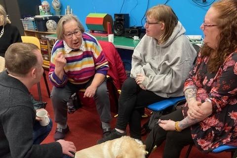 Comedians Chris McCausland and Jon Long with Sight Support Worthing volunteers and members at the charity's centre in Rowlands Road