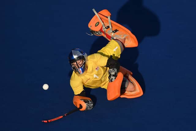 Maddie Hinch of England saves a shot from Katie Doar of Team New Zealand during the Women's Hockey Semi-Final at the Birmingham 2022 Commonwealth Games  (Photo by Alex Davidson/Getty Images)