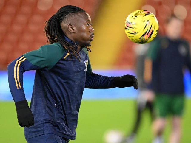 Kadell Daniel of Horsham pre-match warm up ahead of the Emirates FA Cup First Round match between Barnsley and Horsham at Oakwell Stadium.