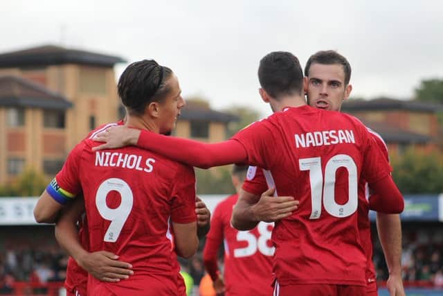 Ashley Nadesan praised his relationship with strike partner Tom Nichols following the pair’s dominant display in Crawley Town’s 3-2 victory over Mansfield Town. Picture by Cory Pickford