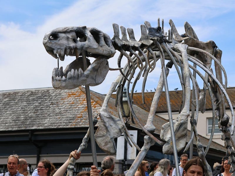 One of the life sized iguanodon puppets